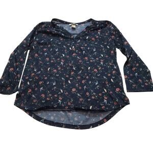 H&M Shirt Womens Small Blue High Low Top with Birds Flowers Design 3/4 Sleeve